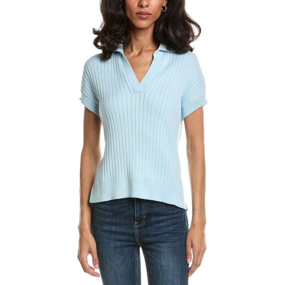 Forte Womens  Rib Cap Sleeve Polo Sweater, Green